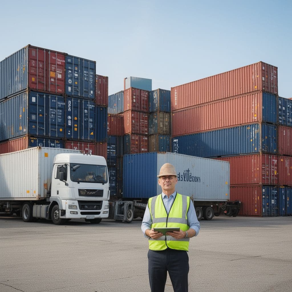 Manager with a tablet beside stacked shipping containers and a freight truck