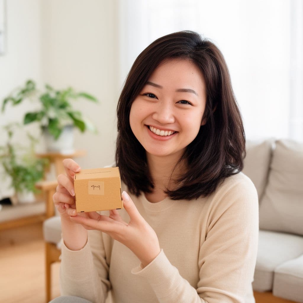 Woman holding a small cardboard parcel in a bright living room