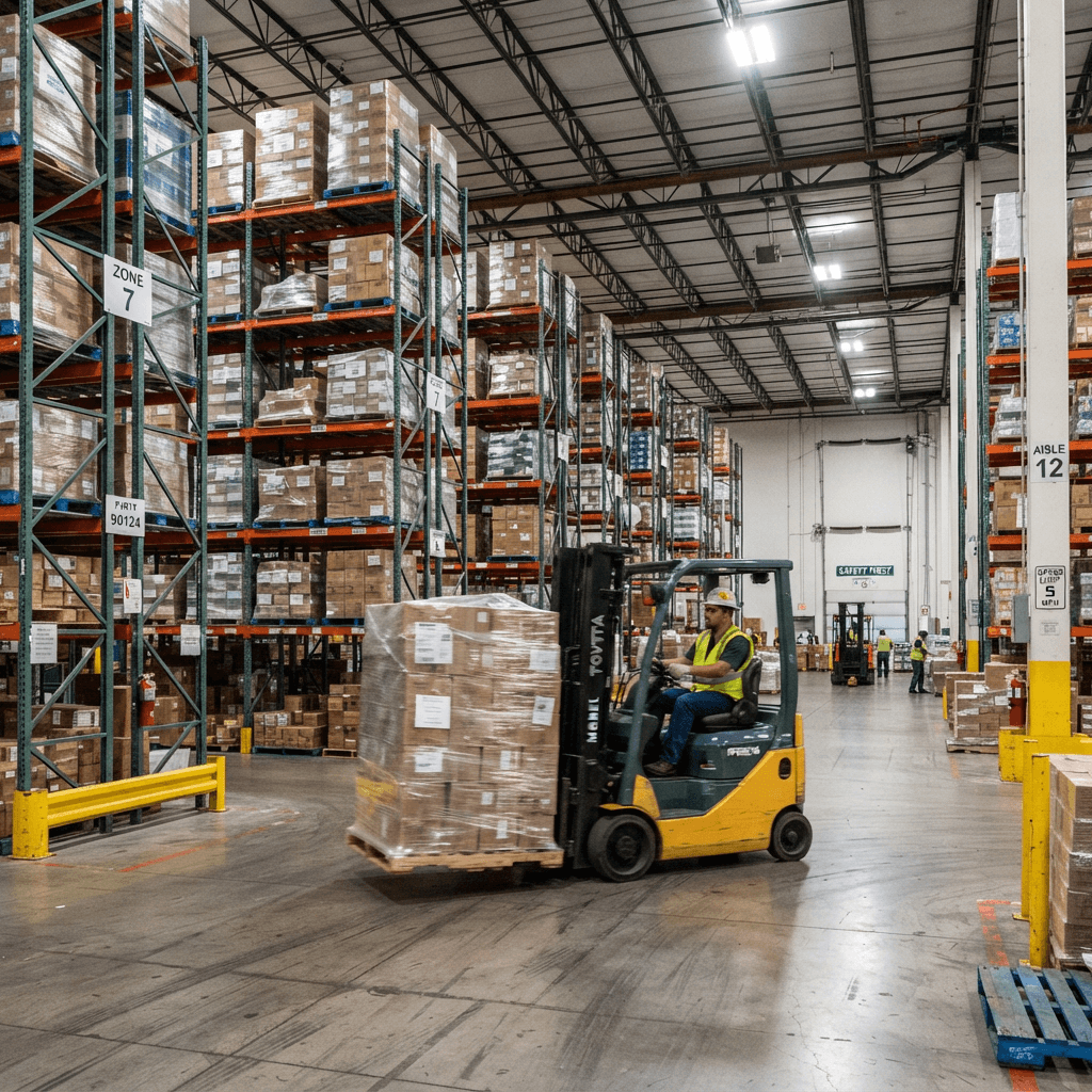 Forklift moving wrapped pallets of commercial cargo in a large warehouse