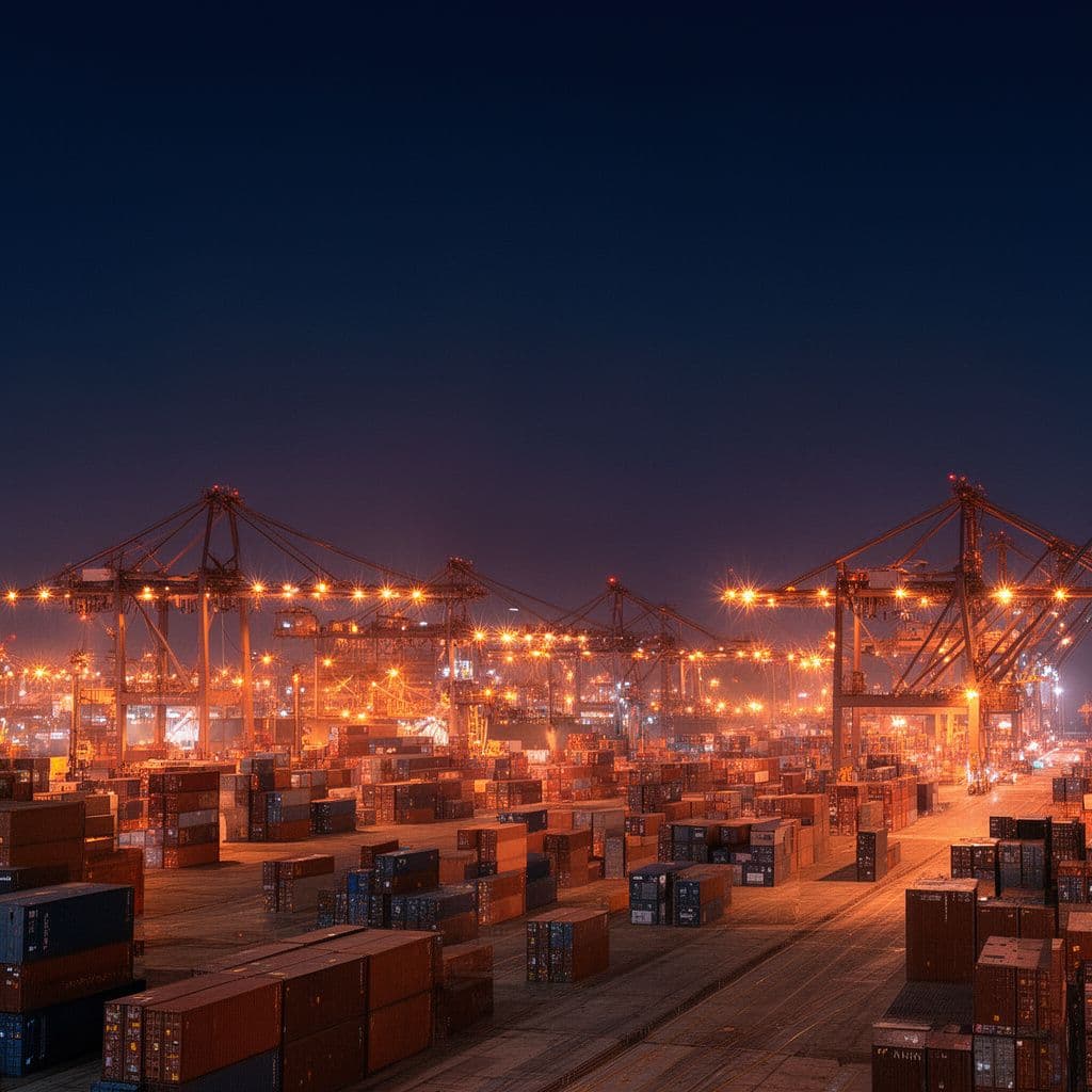Container port at night with illuminated gantry cranes and stacked containers