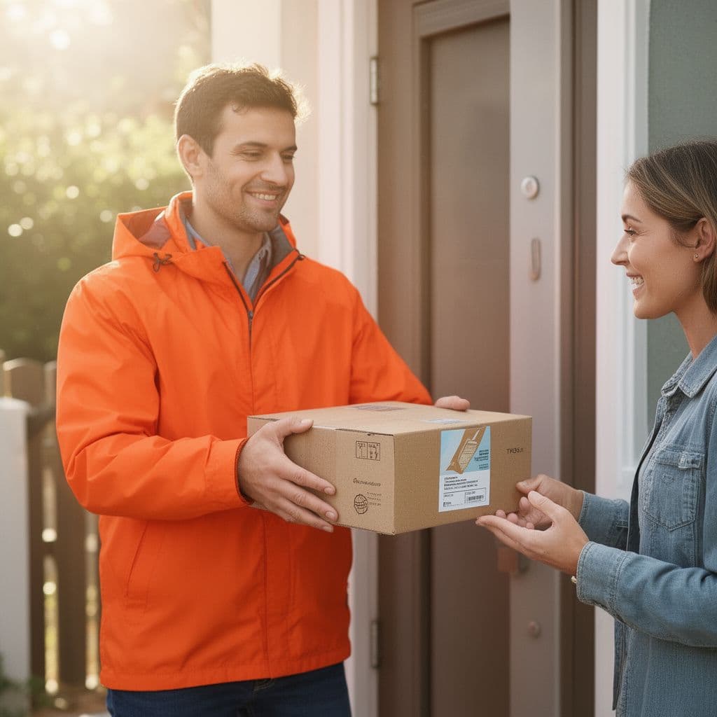 Courier in orange jacket handing a sealed parcel to a customer at a doorstep
