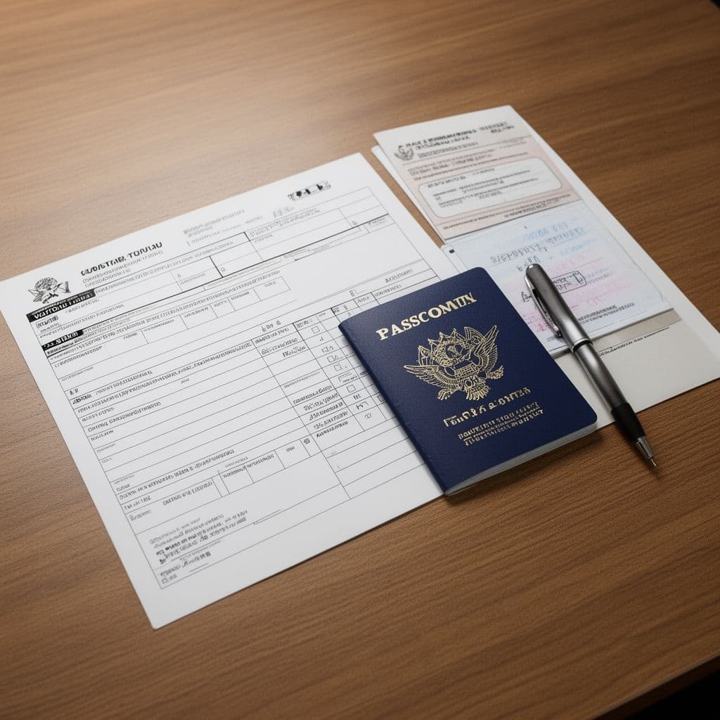 Customs declaration forms and a passport on a desk