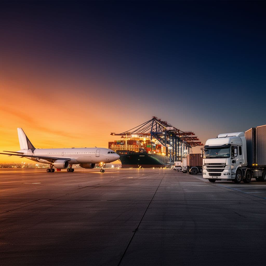 Cargo airplane, container ship with port cranes and freight trucks at sunset