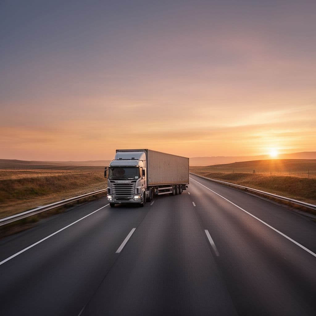 Freight truck driving on a highway at sunset