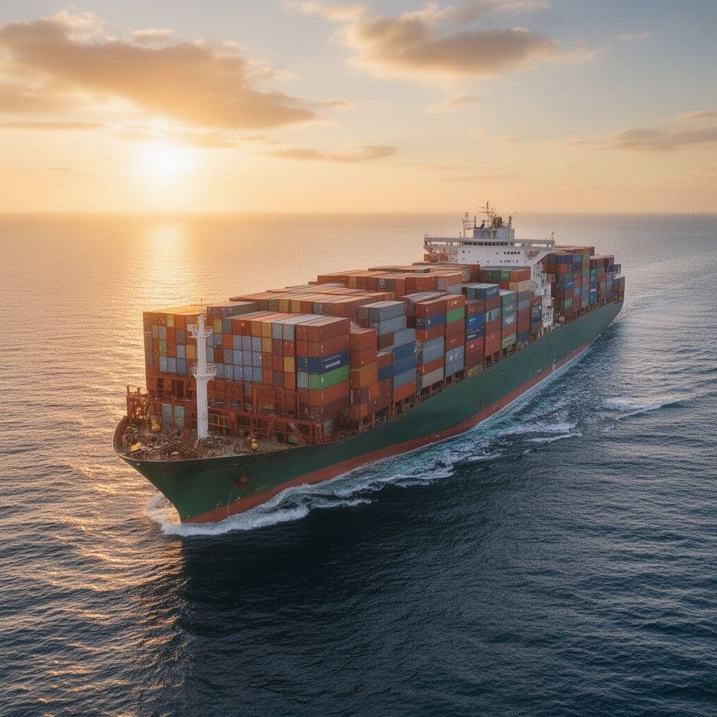 Large container ship stacked with colorful containers at sea