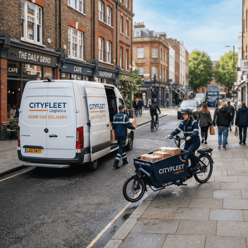 White delivery van and courier bicycle on a city street